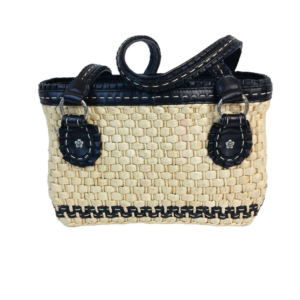 Brighton Straw Raffia Woven Handbag Black Ruffle Double Strap Tote Shopper Purse - Picture 2 of 16